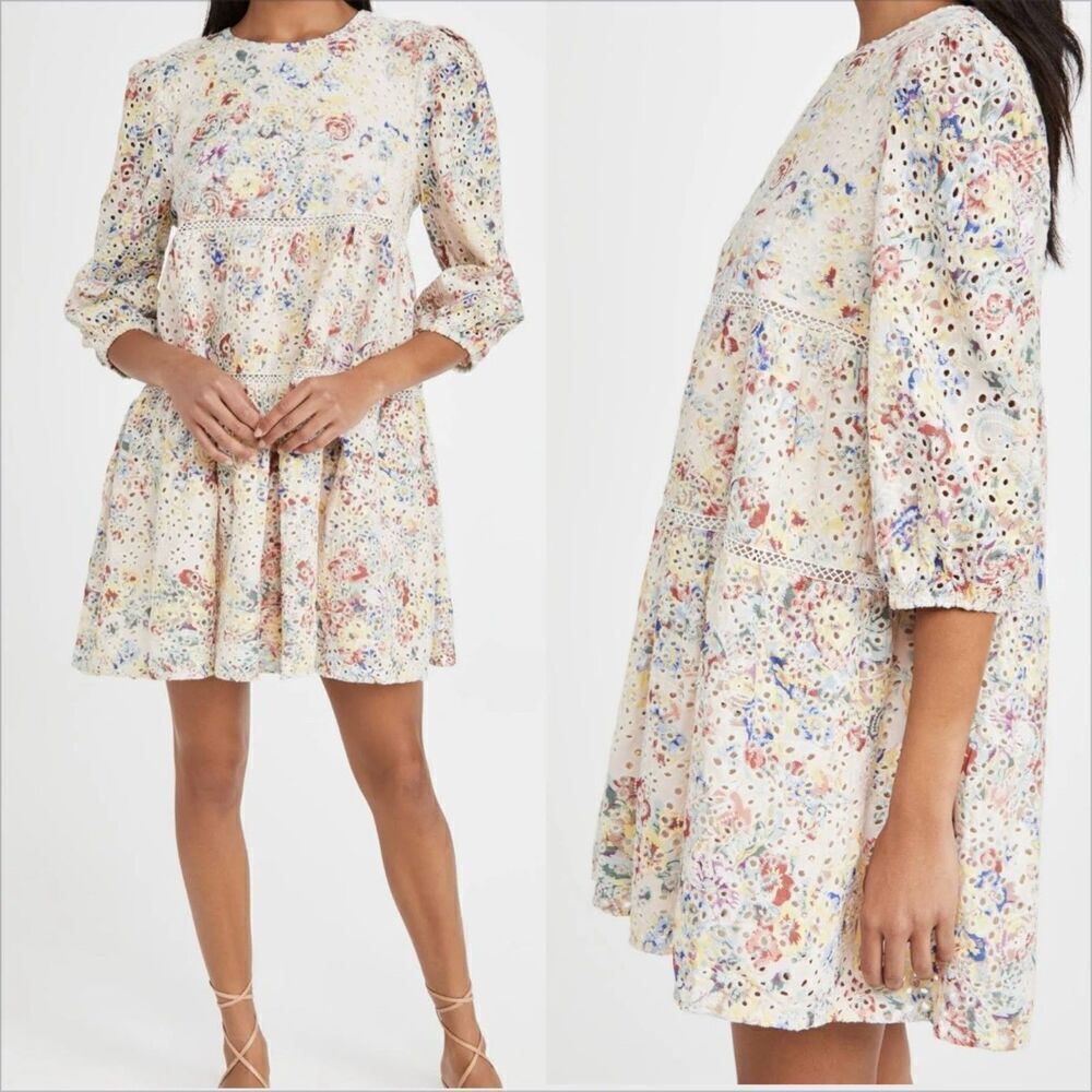 En Saison Eyelet Babydoll Mini Dress Size Small Floral Tiered Lined Puff Sleeve